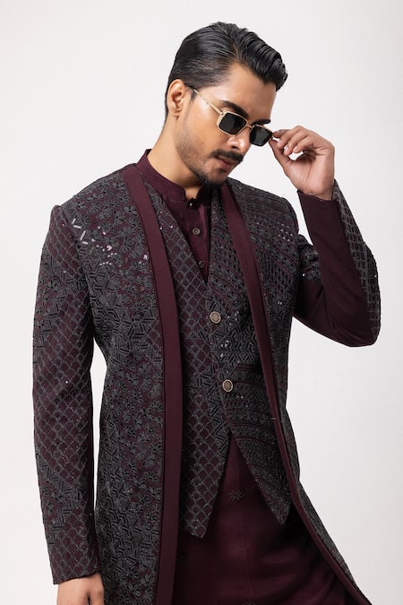 Shop_PAARSH_Wine Sequins, Embroidery The Merlot Achkan With Pant _Online_at_Aza_Fashions