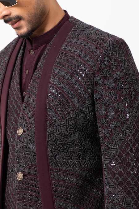 PAARSH_Wine Sequins, Embroidery The Merlot Achkan With Pant _at_Aza_Fashions