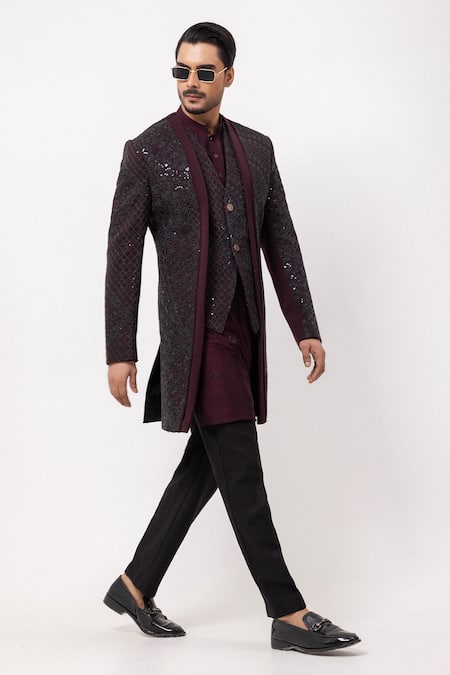 Shop_PAARSH_Wine Sequins, Embroidery The Merlot Achkan With Pant 