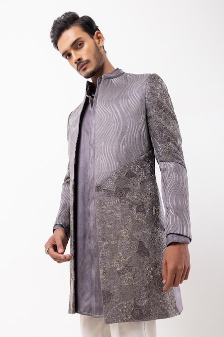 PAARSH_Gray Linen, Satin Sequins Ashen Radiance Embroidered Achkan With Pant _Online_at_Aza_Fashions