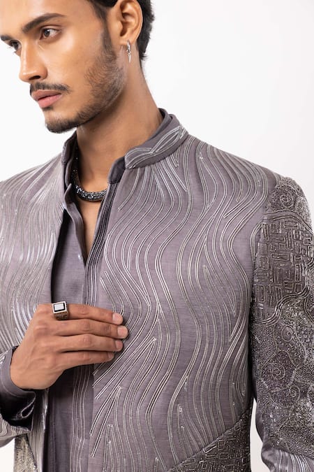 Buy_PAARSH_Gray Linen, Satin Sequins Ashen Radiance Embroidered Achkan With Pant _Online_at_Aza_Fashions