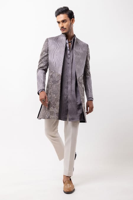PAARSH Gray Linen, Satin Sequins Ashen Radiance Embroidered Achkan With Pant