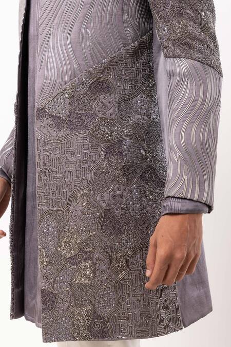 Shop_PAARSH_Gray Linen, Satin Sequins Ashen Radiance Embroidered Achkan With Pant _Online_at_Aza_Fashions