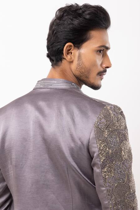 PAARSH_Gray Linen, Satin Sequins Ashen Radiance Embroidered Achkan With Pant _at_Aza_Fashions