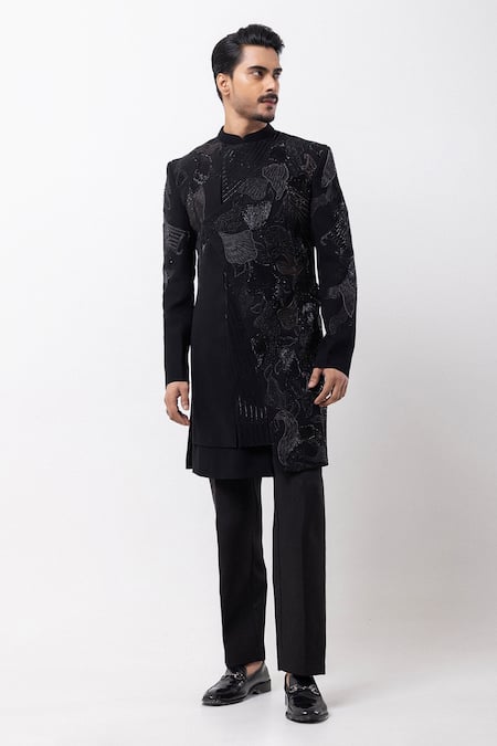 PAARSH Black Embroidery, Sequins Noir Carve Achkan With Pant 