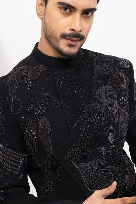 Buy_PAARSH_Black Embroidery, Sequins Noir Carve Achkan With Pant _Online_at_Aza_Fashions