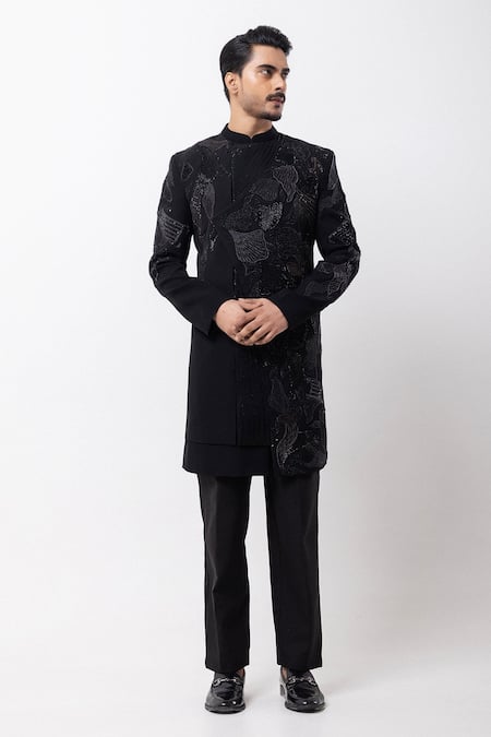Shop_PAARSH_Black Embroidery, Sequins Noir Carve Achkan With Pant _Online_at_Aza_Fashions