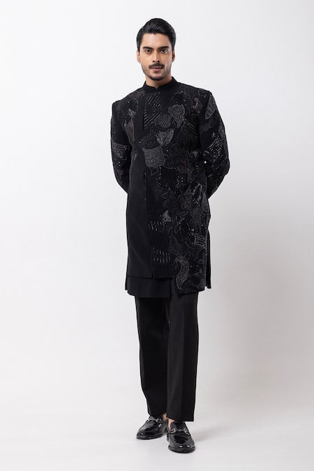 PAARSH_Black Embroidery, Sequins Noir Carve Achkan With Pant _at_Aza_Fashions