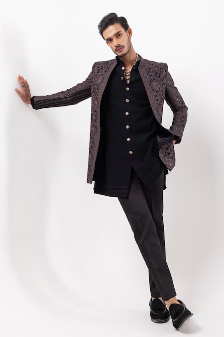 PAARSH Black Embroidery Ebony Amer Achkan With Pant 