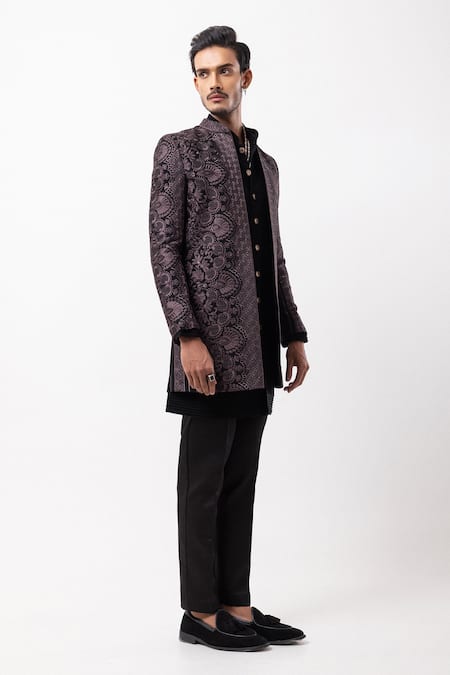 Shop_PAARSH_Black Embroidery Ebony Amer Achkan With Pant _Online_at_Aza_Fashions