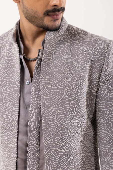 PAARSH_Gray Embroidery Lunar Loom Achkan With Pant _Online_at_Aza_Fashions