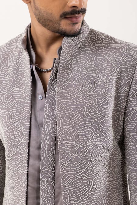 Buy_PAARSH_Gray Embroidery Lunar Loom Achkan With Pant _Online_at_Aza_Fashions