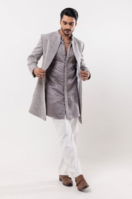 Shop_PAARSH_Gray Embroidery Lunar Loom Achkan With Pant _Online_at_Aza_Fashions