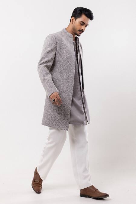 PAARSH_Gray Embroidery Lunar Loom Achkan With Pant _at_Aza_Fashions