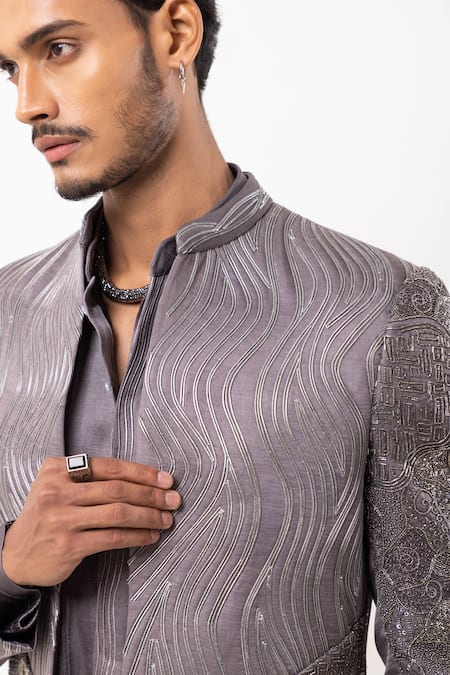 Buy_PAARSH_Gray Embroidery Lunar Loom Achkan With Pant 