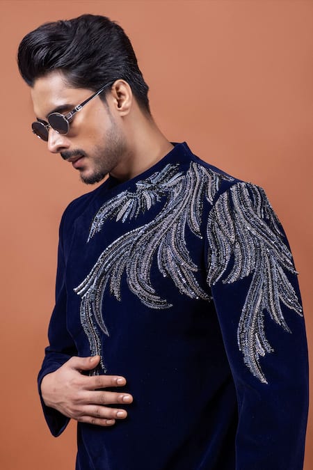 PAARSH_Blue Velvet Embroidery Azure Crest Achkan With Pant _Online_at_Aza_Fashions