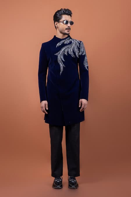 Buy_PAARSH_Blue Velvet Embroidery Azure Crest Achkan With Pant _Online_at_Aza_Fashions