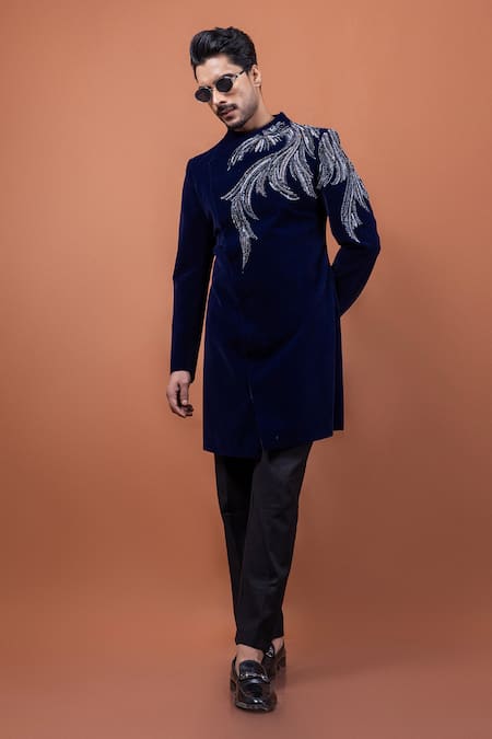 Shop_PAARSH_Blue Velvet Embroidery Azure Crest Achkan With Pant _Online_at_Aza_Fashions