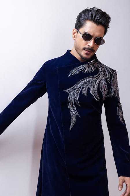 PAARSH_Blue Velvet Embroidery Azure Crest Achkan With Pant _at_Aza_Fashions