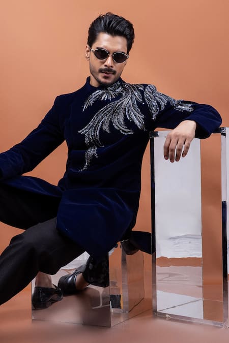 Buy_PAARSH_Blue Velvet Embroidery Azure Crest Achkan With Pant 