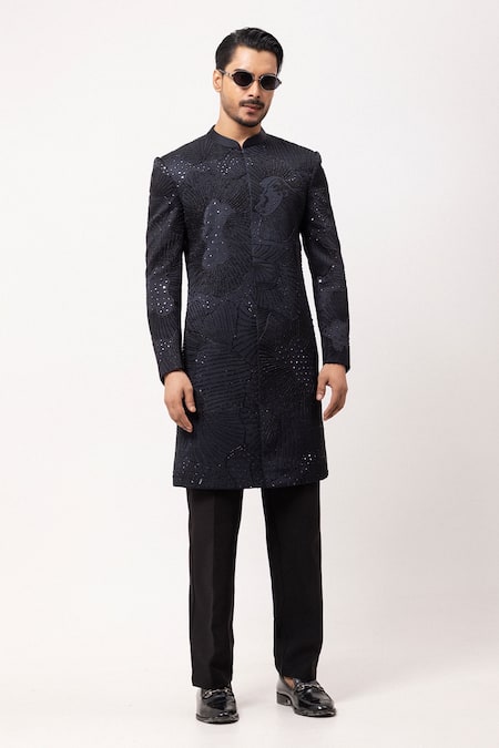 PAARSH_Charcoal Linen, Satin Beads Dark Radiance Embroidered Achkan With Pant _Online_at_Aza_Fashions