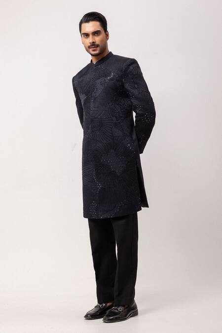 Buy_PAARSH_Charcoal Linen, Satin Beads Dark Radiance Embroidered Achkan With Pant _Online_at_Aza_Fashions