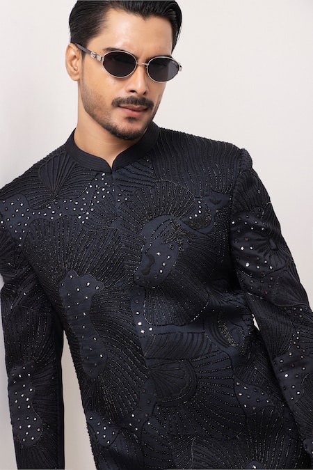 Shop_PAARSH_Charcoal Linen, Satin Beads Dark Radiance Embroidered Achkan With Pant _Online_at_Aza_Fashions