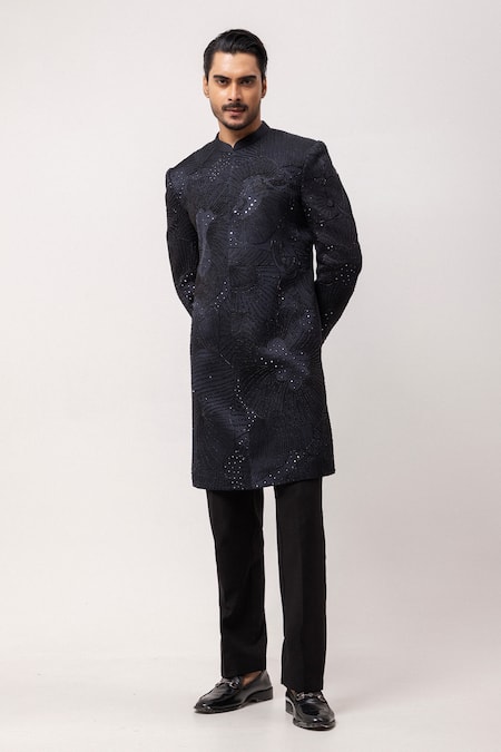 PAARSH_Charcoal Linen, Satin Beads Dark Radiance Embroidered Achkan With Pant _at_Aza_Fashions