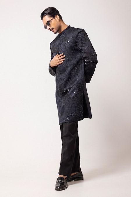 Buy_PAARSH_Charcoal Linen, Satin Beads Dark Radiance Embroidered Achkan With Pant 