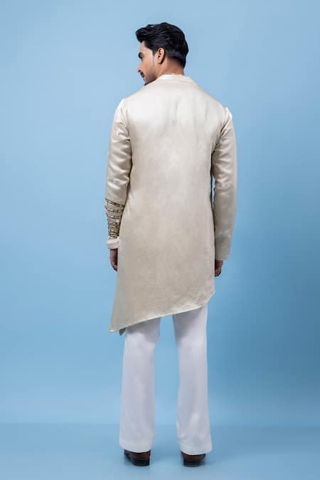 Shop PAARSH Silver Linen, Satin Embroidery Lacy Grey Kurta at Aza Fashions Shop_PAARSH_Silver Linen, Satin Embroidery Lacy Grey Kurta _at_Aza_Fashions