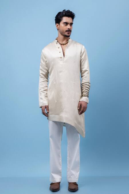 PAARSH Silver Linen, Satin Embroidery Lacy Grey Kurta Online at Aza Fashions PAARSH_Silver Linen, Satin Embroidery Lacy Grey Kurta _Online_at_Aza_Fashions