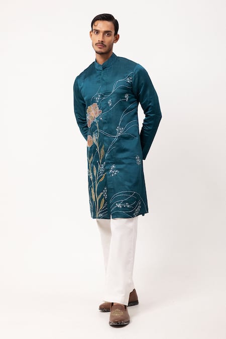 PAARSH Blue Linen, Satin Embroidery Echoes Of Eden Kurta Online at Aza Fashions PAARSH_Blue Linen, Satin Embroidery Echoes Of Eden Kurta _Online_at_Aza_Fashions