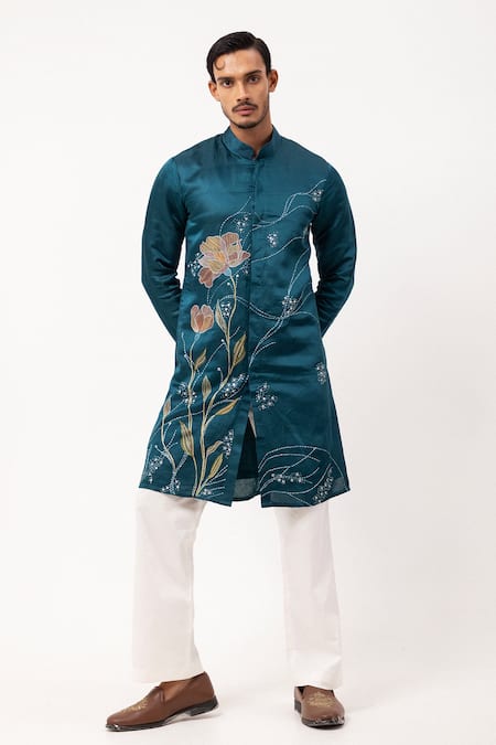 PAARSH Blue Linen, Satin Embroidery Echoes Of Eden Kurta