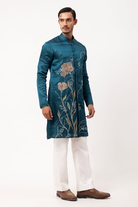 Buy PAARSH Blue Linen, Satin Embroidery Echoes Of Eden Kurta Online at Aza Fashions Buy_PAARSH_Blue Linen, Satin Embroidery Echoes Of Eden Kurta _Online_at_Aza_Fashions