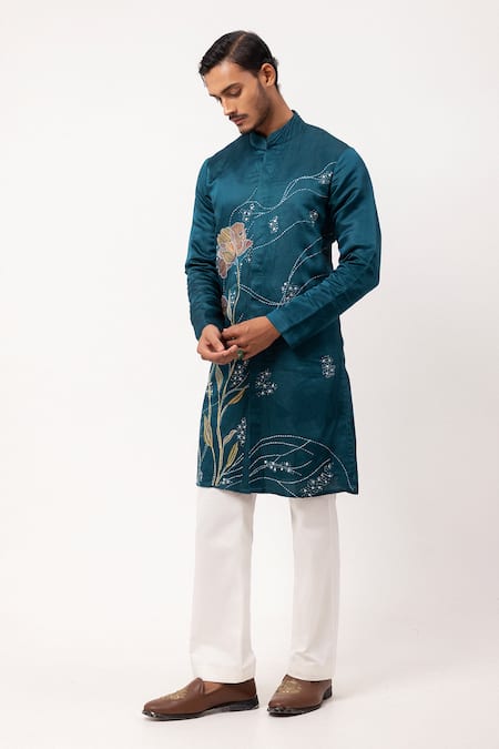Shop PAARSH Blue Linen, Satin Embroidery Echoes Of Eden Kurta Online at Aza Fashions Shop_PAARSH_Blue Linen, Satin Embroidery Echoes Of Eden Kurta _Online_at_Aza_Fashions