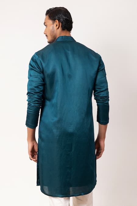 Shop PAARSH Blue Linen, Satin Embroidery Echoes Of Eden Kurta at Aza Fashions Shop_PAARSH_Blue Linen, Satin Embroidery Echoes Of Eden Kurta _at_Aza_Fashions