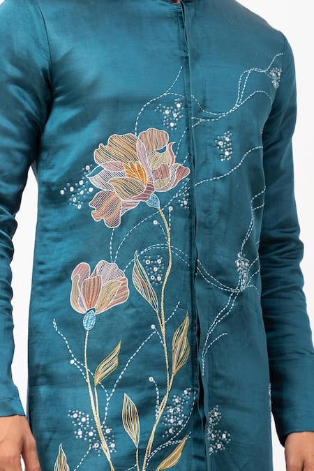 PAARSH Blue Linen, Satin Embroidery Echoes Of Eden Kurta at Aza Fashions PAARSH_Blue Linen, Satin Embroidery Echoes Of Eden Kurta _at_Aza_Fashions