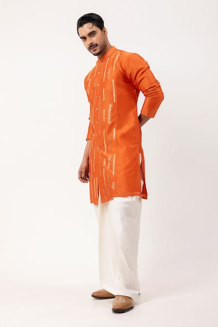 PAARSH_Orange Silk, Chanderi Embroidery Linear Ember Kurta _Online_at_Aza_Fashions