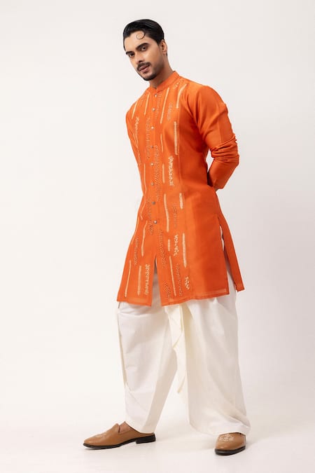 Buy_PAARSH_Orange Silk, Chanderi Embroidery Linear Ember Kurta _Online_at_Aza_Fashions