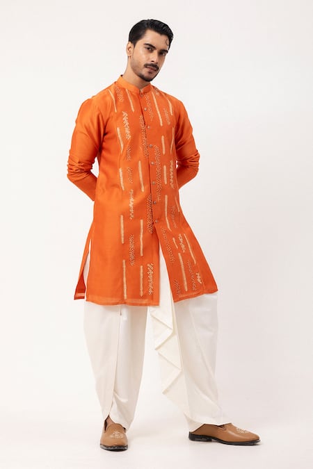 Shop_PAARSH_Orange Silk, Chanderi Embroidery Linear Ember Kurta _Online_at_Aza_Fashions