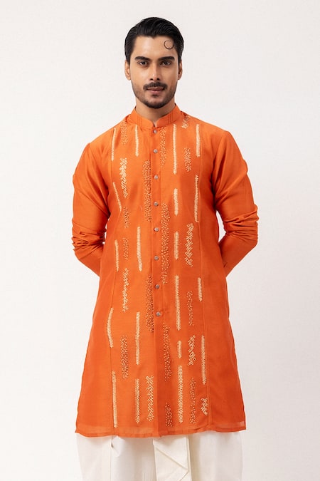 PAARSH Orange Silk, Chanderi Embroidery Linear Ember Kurta