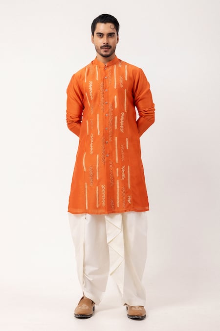 PAARSH_Orange Silk, Chanderi Embroidery Linear Ember Kurta _at_Aza_Fashions