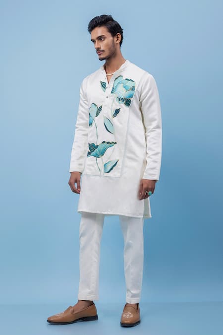 Shop PAARSH Ivory Linen, Satin Embroidery Aquarelle Yoke Kurta at Aza Fashions Shop_PAARSH_Ivory Linen, Satin Embroidery Aquarelle Yoke Kurta _at_Aza_Fashions