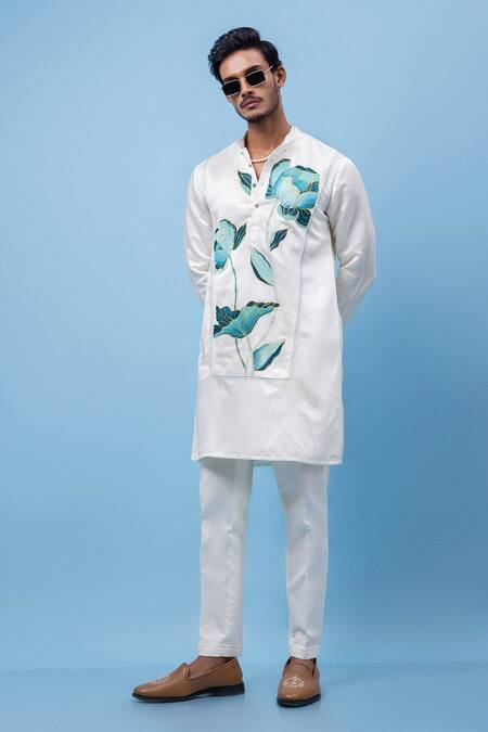 PAARSH Ivory Linen, Satin Embroidery Aquarelle Yoke Kurta Online at Aza Fashions PAARSH_Ivory Linen, Satin Embroidery Aquarelle Yoke Kurta _Online_at_Aza_Fashions