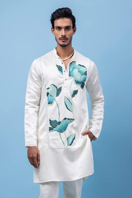 PAARSH Ivory Linen, Satin Embroidery Aquarelle Yoke Kurta
