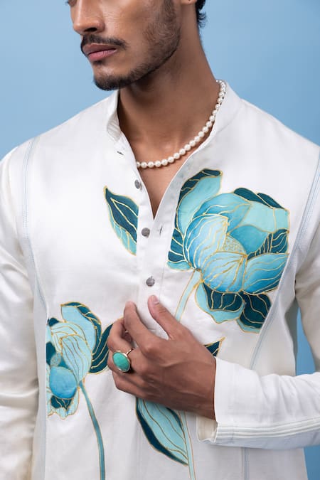 Buy PAARSH Ivory Linen, Satin Embroidery Aquarelle Yoke Kurta Online at Aza Fashions Buy_PAARSH_Ivory Linen, Satin Embroidery Aquarelle Yoke Kurta _Online_at_Aza_Fashions