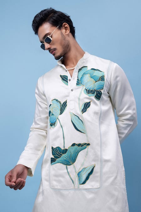 Shop PAARSH Ivory Linen, Satin Embroidery Aquarelle Yoke Kurta Online at Aza Fashions Shop_PAARSH_Ivory Linen, Satin Embroidery Aquarelle Yoke Kurta _Online_at_Aza_Fashions