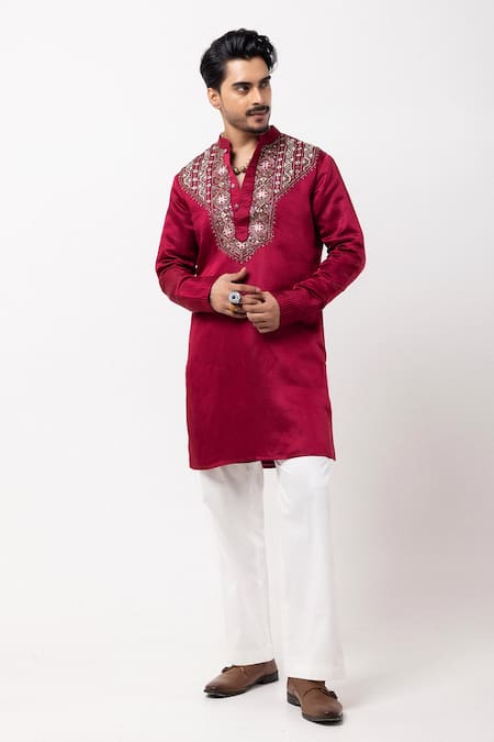 PAARSH_Maroon Linen, Satin Embroidery Threaded Prism Kurta _Online_at_Aza_Fashions
