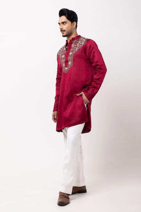 Buy_PAARSH_Maroon Linen, Satin Embroidery Threaded Prism Kurta _Online_at_Aza_Fashions