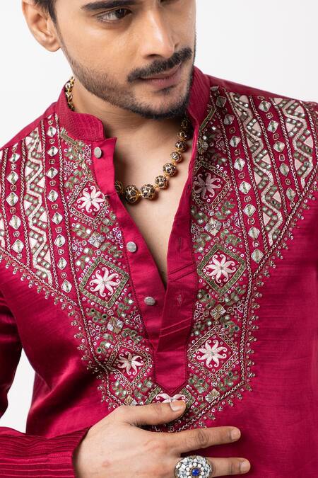 PAARSH_Maroon Linen, Satin Embroidery Threaded Prism Kurta _at_Aza_Fashions